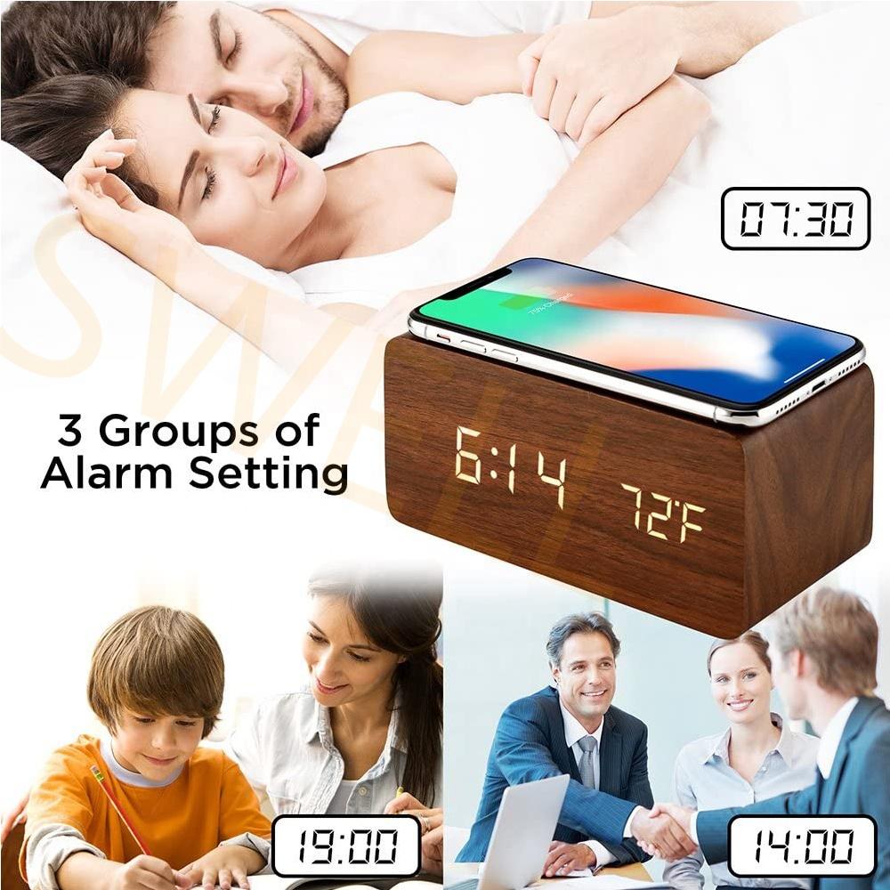 2022 Desk Sound Control Temperature Wireless Charger Wooden LED Alarm Digital Clock With Qi