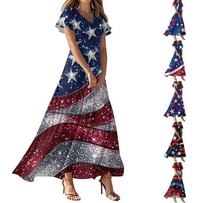 Women's Casual Fashion Print Long Dresses V-Neck Short Sleeve Dresses