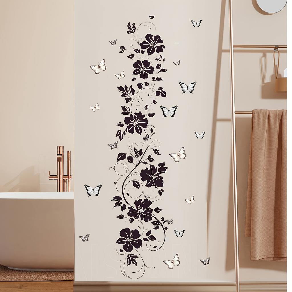 Modern Style Black Floral Vine And Butterfly Wall Sticker, for Self-Adhesive Removable Decoration on Plastic Surfaces in Bedrooms, Living Rooms