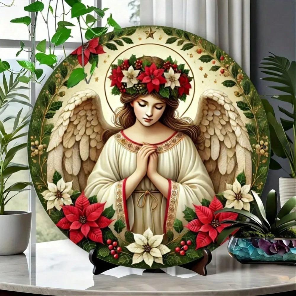 Praying Angel Round Aluminum Wall Art with Floral Wreath Bunny Home Decor