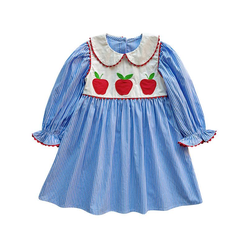 Spring Girls Cartoon Embroidered Dress With Peter Pan Collar Long Sleeve Elegant Children Skirt