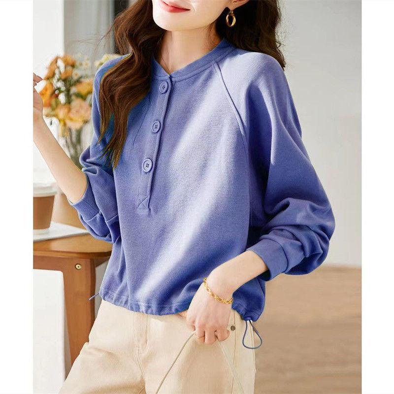 Simplicity Casual Autumn Pullovers T-shirt Women's O-Neck Solid Button Fashion Office Lady Loose Long Sleeve Sweatshirts Tops
