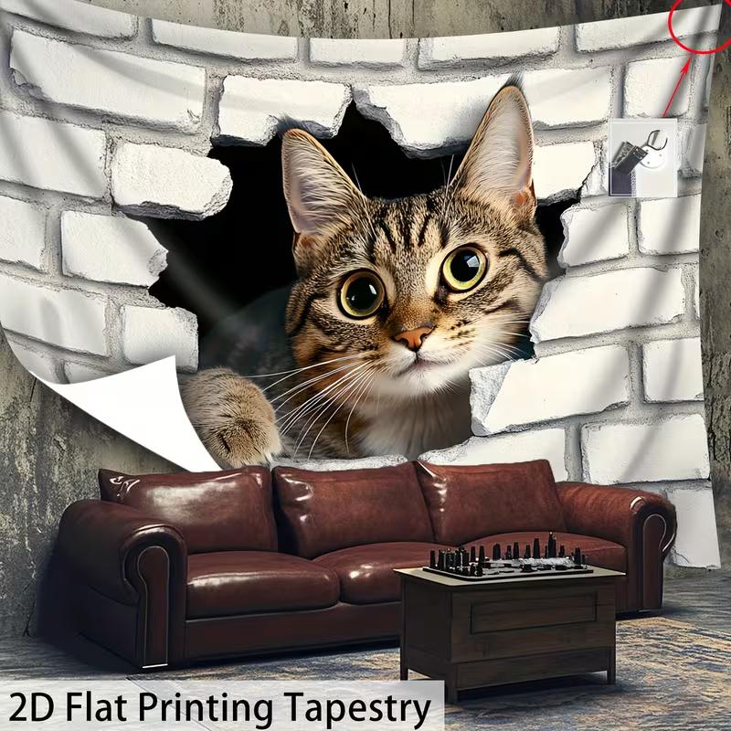 2D Cute Tabby Cat Tapestry White Brick Wall 2D Illusion Wall Hanging