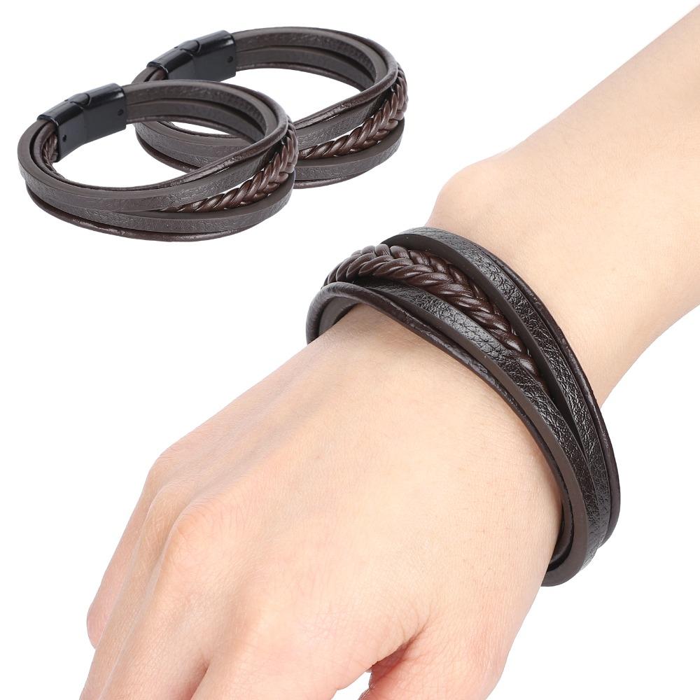 2pcs PU Leather Leather Bracelet Brown Multi-Strand Bracelet Fashion Braided Bracelet For Men