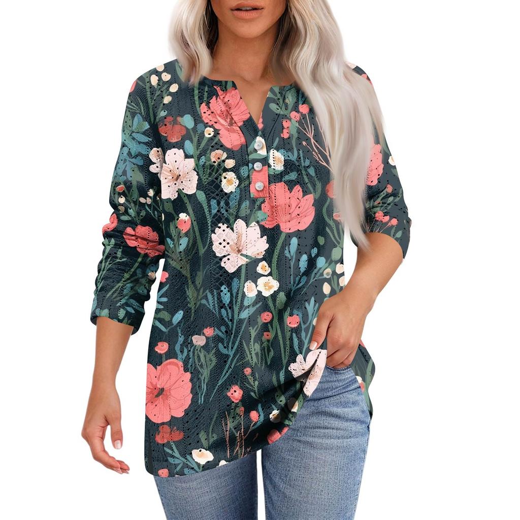 Women's T Shirt Tee Print Button 3/4 SleeveDaily Weekend Fashion Basic V- Neck Regular Top