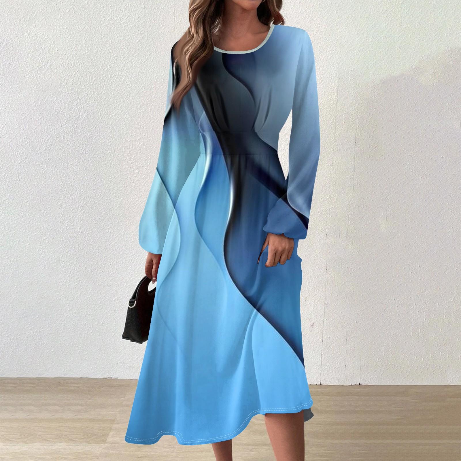 

Женское осенне-зимнее повседневное модное платье с круглым вырезом и длинным рукавом с принтом XXL синий