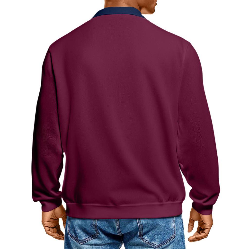 Men's Casual Color-Block Collared Long-Sleeve Knit Base Layer Top