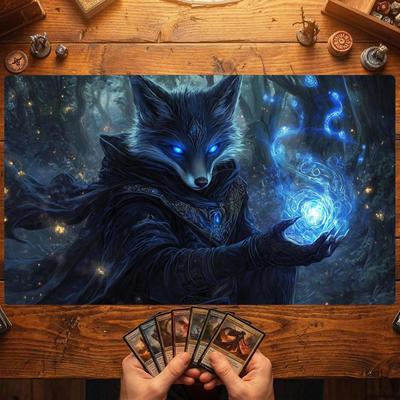 Wolf Fuchs Hexenmeister Blau Zauber Mauspade TCG Spielmatte 35X60CM Magische Karten Kampfmatte Rutschfest Langlebig Genähte Kante Tischspielmatte
