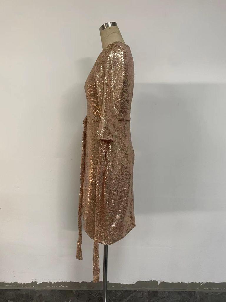 2025 Summer Sexy Women's Sequined Lace-up V-Neck Dress with Three-Quarter Sleeves