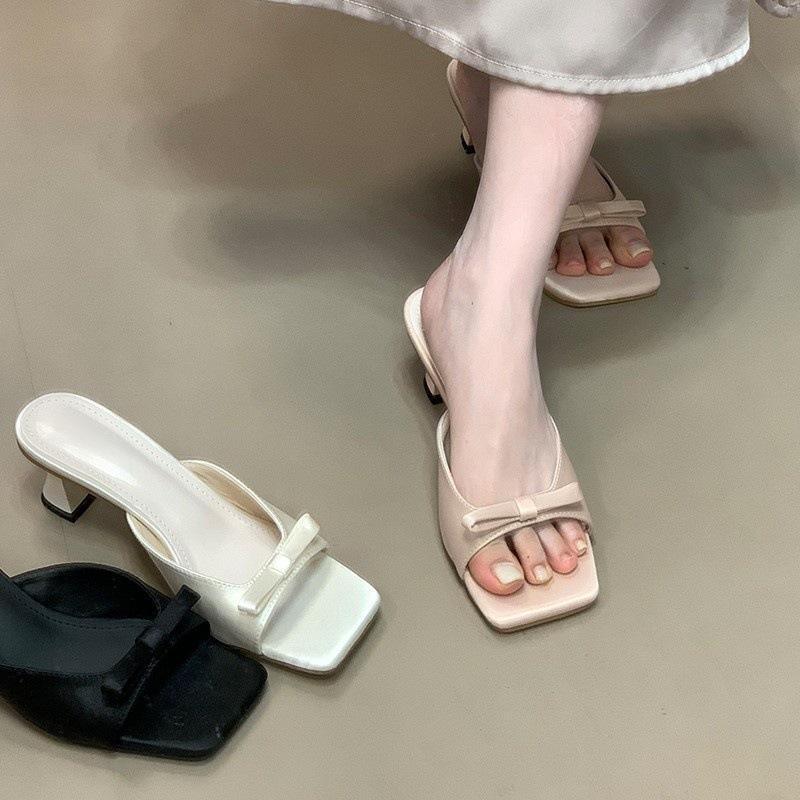 Open-Toed Satin Gentle Thick Heel Cool Slippers Summer French Bow Sandals