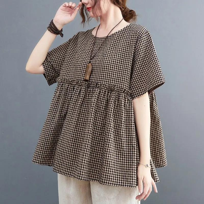Summer Women  Half Sleeve O-Neck Blouse Women Grid Printed Shirt Pleated Elegnat Work Tops Casual Loose Chemise