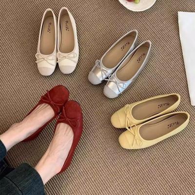 Ladyshoes Women's 2025 New Inner Height Increase Grandma Red Single Shoes French Gentle Spring and Summer Ballet Shoes Bow Shallow Mouth