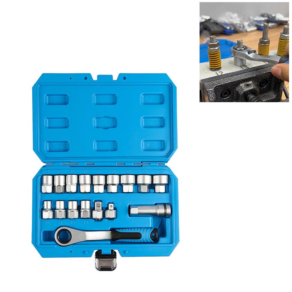 1 Set 17-Piece Pass-Through Socket Set For Chrome Vanadium With Ratchet Hexagonal Plum Blossom Shaped Tool Accessories
