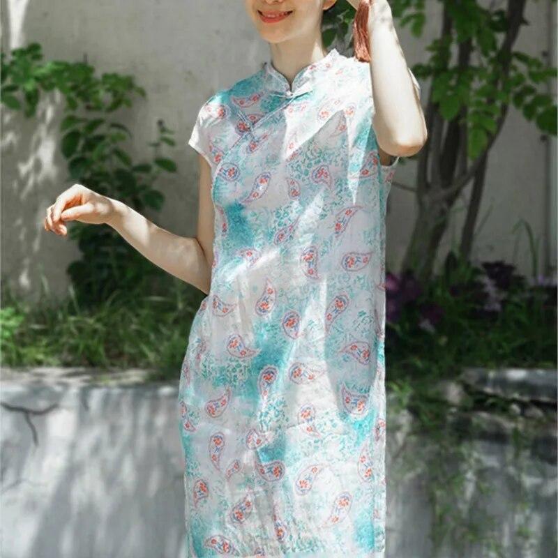 Johnature Women Chinese Style Dress Stand Short Sleeve Print Floral Summer A-Line Vintage Button Dress
