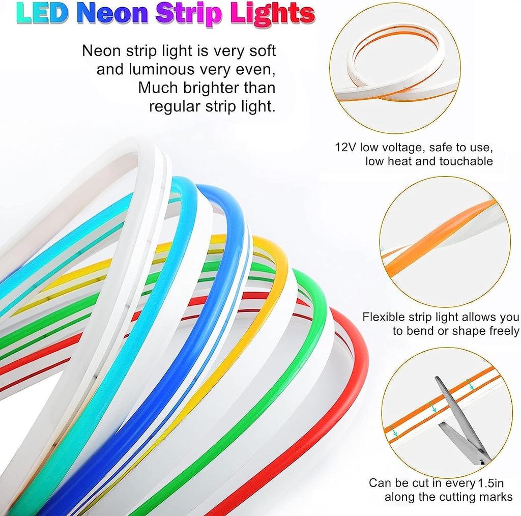 Led Neon Strip Light 12V Silicone Indoor Outdoor 16.4Ft/5M 600LEDS Waterproof Flexible for Bar Home TV Kitchen Bedroom Wedding