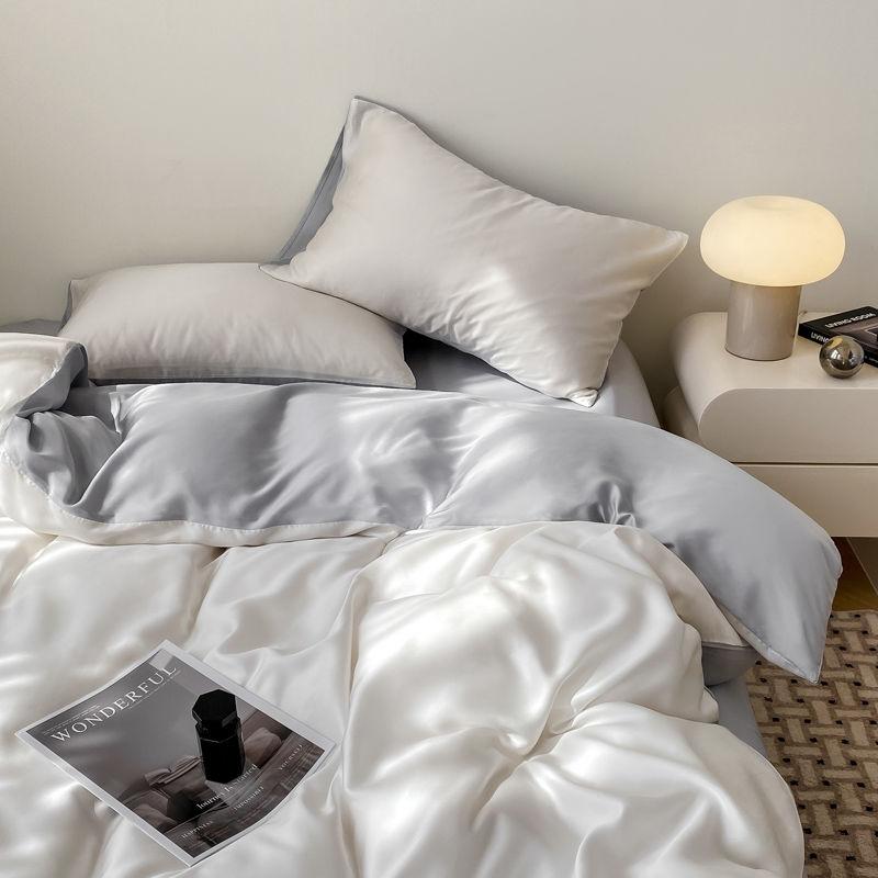 Summer Bedding Set Luxury Ice Silk Four Piece Set, Washed Silk Bed Sheet and Quilt Cover Set Summer Cool Feeling Soft Smooth