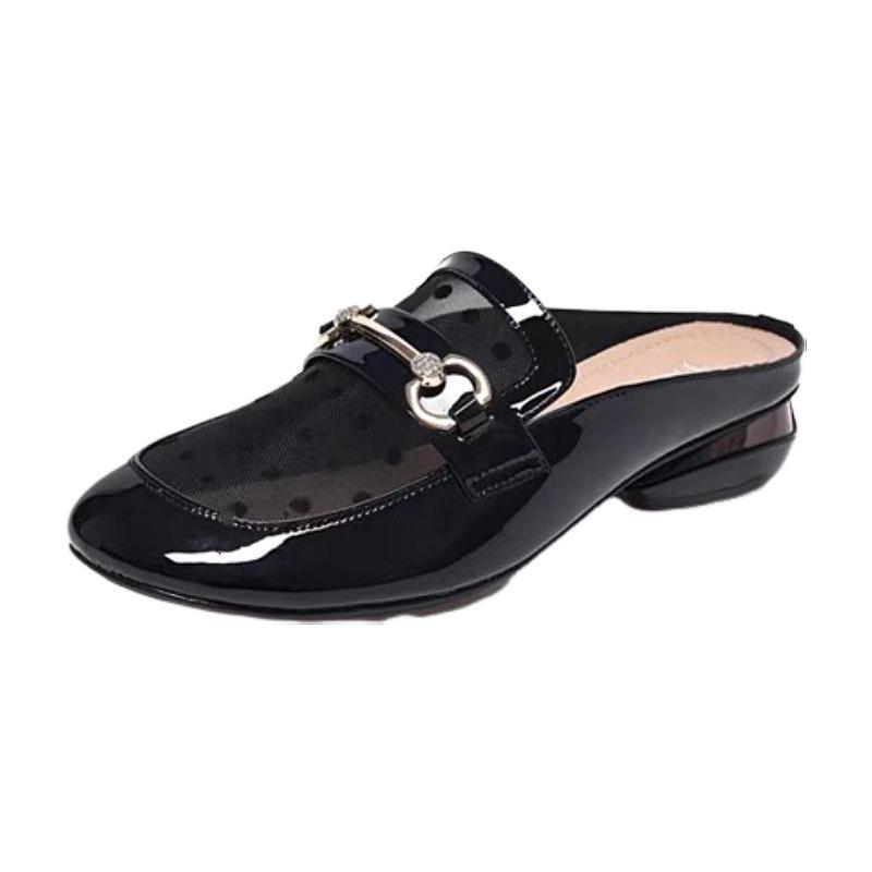 Fashion Soft Leather Mesh Cool Slippers Women 2025 Summer Wear Soft-Soled Sandals Low Heel Thick Heel Fashion Bag Head Half Drag Sandals