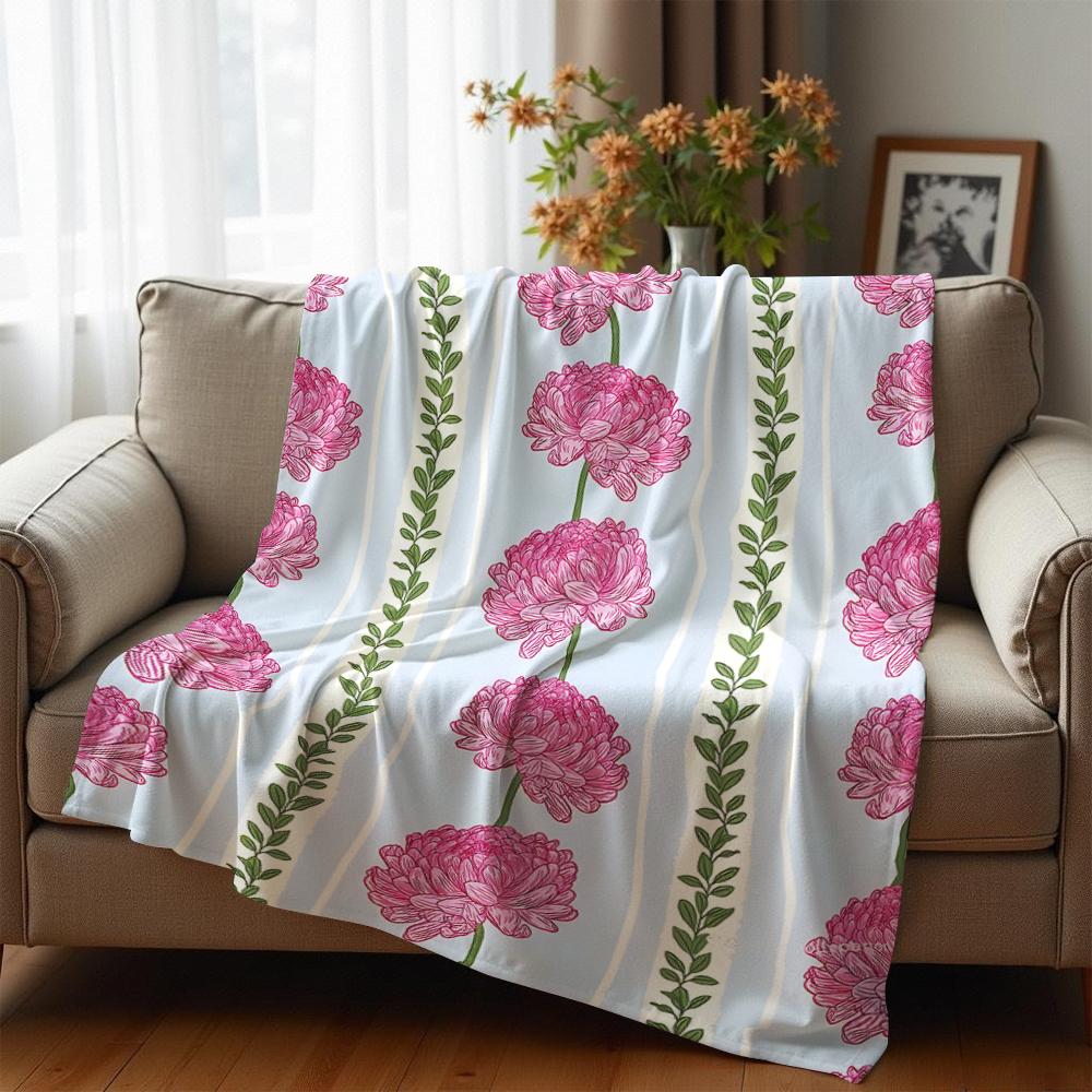 Vintage Peony Wavy Stripe Anime Cartoon Flannel Blanket Soft Warm Throw for Bedroom Sofa Car Kids Holiday Gift
