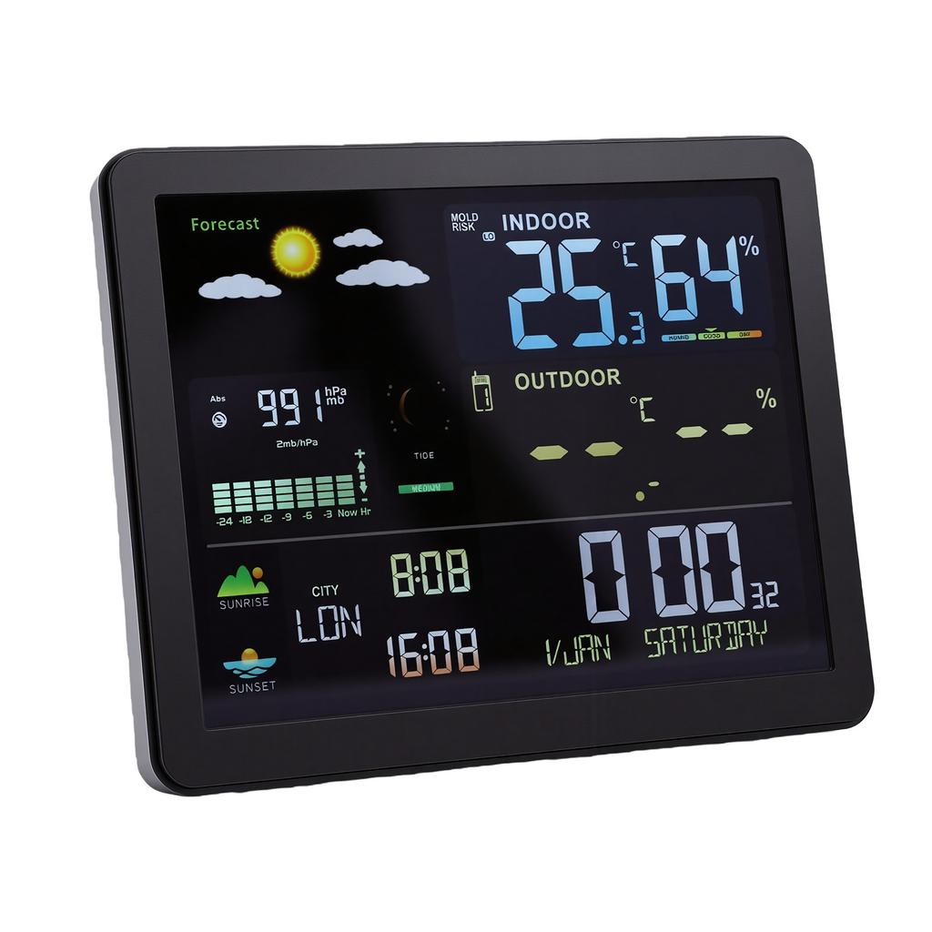 Wireless Weather Clock Indoor Outdoor Hygrometer Thermometer Air Pressure Sunset Sunrise Time Color Display Dual Alarm