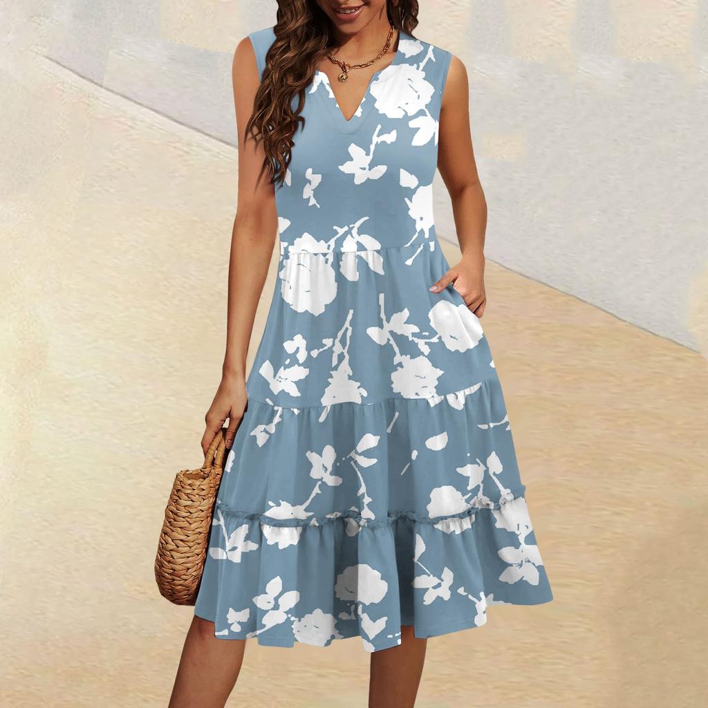 Dámské letní ležérní plisované šaty s volánky ve vintage květinovém stylu s výstřihem do V a bez rukávů