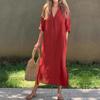 2025 Amazon Independent Site European and American Women's Summer Hot Item: Side Slit V-neck 3/4 Sleeve Pleated Dress with Chest Press