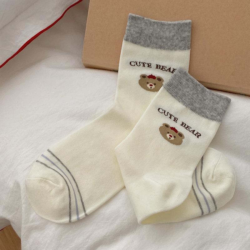 Female Autumn New Striped Polka Dot Collocation Cartoon Bear Academy Wind Tube Stack Socks
