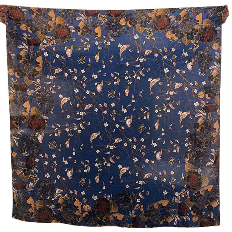 Finch On The Branch Dark Green Satin Silk Scarf Silk Women Spring And Autumn Mulberry Silk Scarf Shawl Dual-Purpose Large Square Scarf