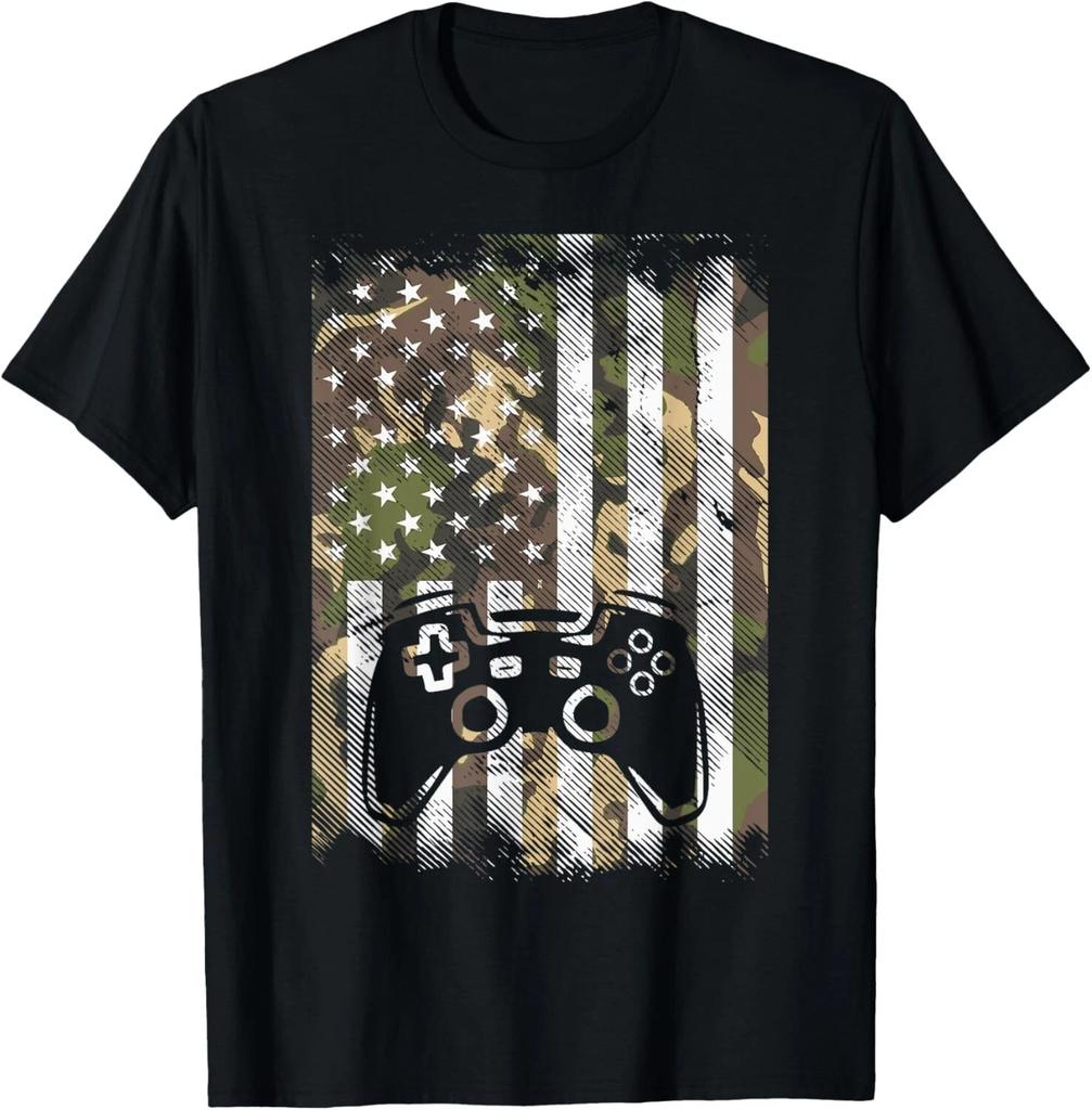Camo US Flag Gamer Controller Patriotic Men Boys Gift Unisex T-Shirt