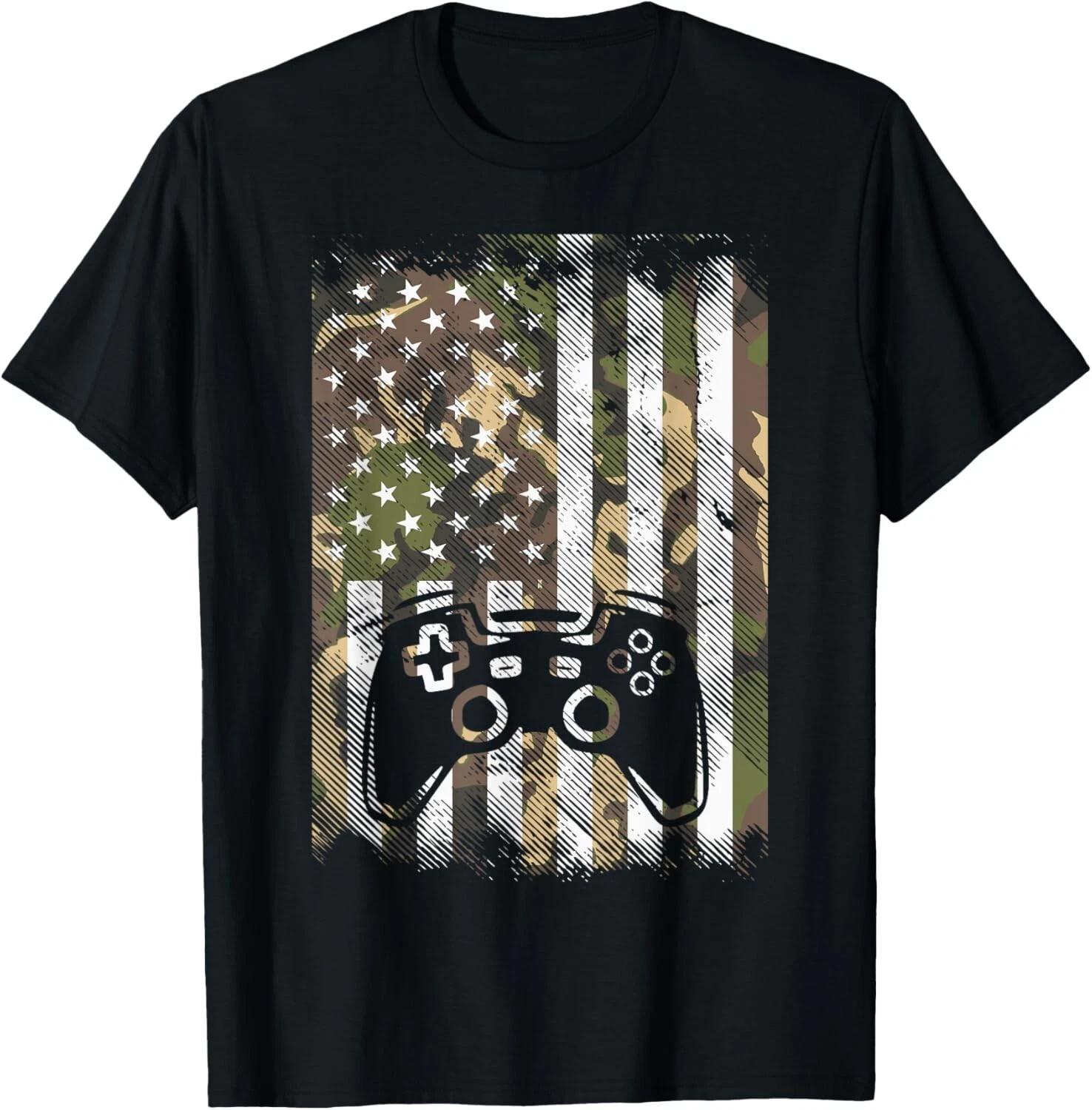 Camo US Flag Gamer Controller Patriotic Men Boys Gift Unisex T-Shirt 2XL