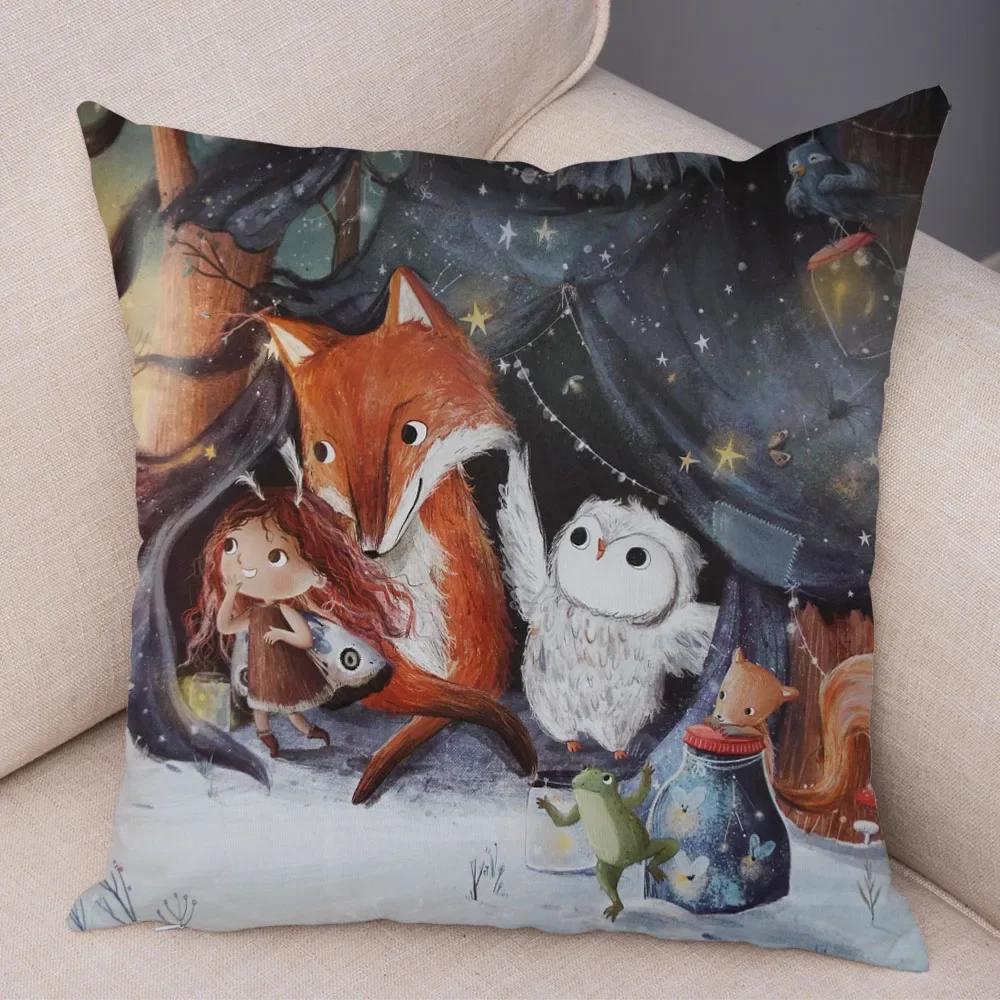 Față de pernă decorativă Artă Lume de basm colorată, Minunată față de pernă cu fetiță de desene animate, pentru canapea, casă, față de pernă super moale de pluș