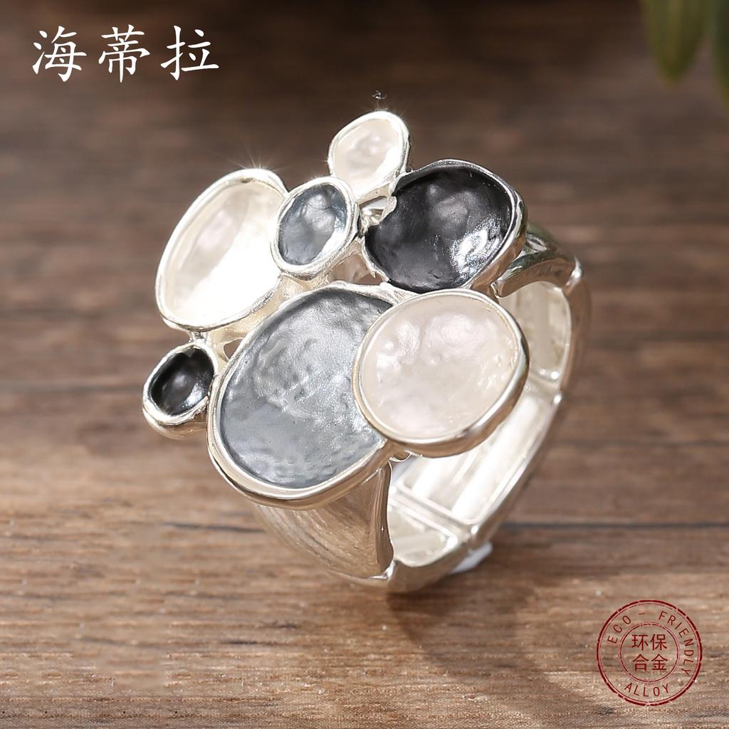 Enamel Geometric Oval Flower Elastic Ring, High-end Women's Versatile Flower Ring