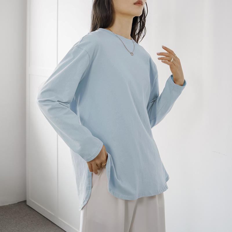 

Женская футболка с длинным рукавом и низом на весну и осень, однотонная, из чистого хлопка, модная, универсальная, с боковыми разрезами внутри L