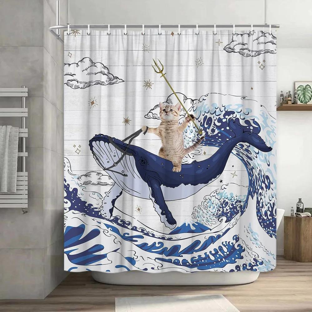 Funny Shower Curtain Brave Cat Cartoon Shower Curtain Waves Ocean Decor Fabric Shower Curtain Set with Hooks Bathroom Decoration