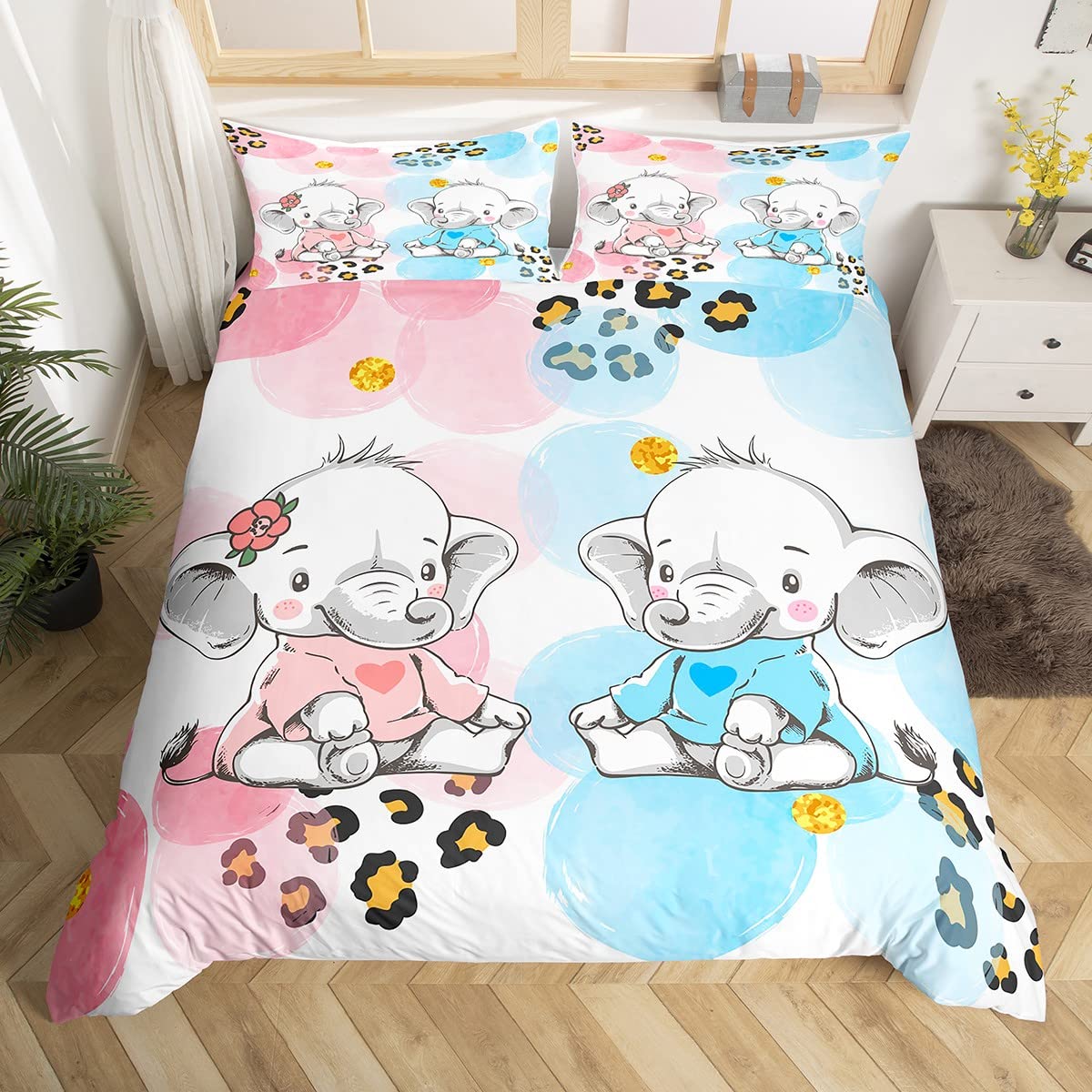 

Пурпурно-блакитний квітковий слон підодіяльник для дітей, подарунок для дівчаток. Милий мультяшний слон із постільною білизною, 3 предмети прикраси спальні 70x133cm 2pcs