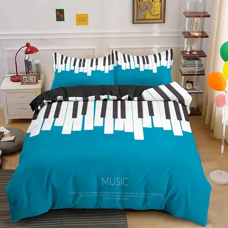 Klaviertasten Königin König Bettbezug 3D Cartoon Musiknoten Bettwäsche Set für Jungen Jugendliche Erwachsene Mode Musik Polyester Bettdeckenbezug