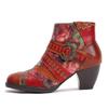 Fashion 7CM New Print Cloth Ankle Chunky Heels British Genuine Leather ZIP Big Size 42 Autumn Spring Cowboy Boots Ethnic Women Shoes