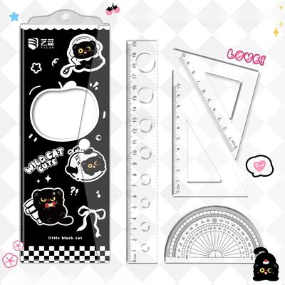 4PCS Set Transparent Plastic Rulers Straight Rulers Protractors Set Square Kawaii School Stationery Kid Math Stationery