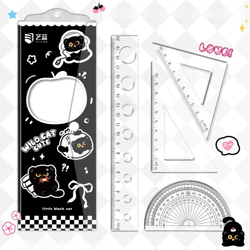 4PCS Set Transparent Plastic Rulers Straight Rulers Protractors Set Square Kawaii School Stationery Kid Math Stationery