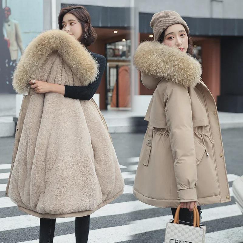 Women's Casual Mid-Length Korean Style Cotton Jacket with Fur Collar