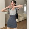 Women's Dress Color Contrast Splices Slim Short Sleeves O Neck