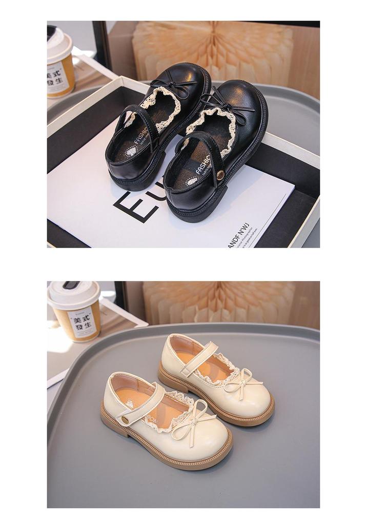 Girls' Classic Black Leather Princess Shoes - Soft Sole Lace Casual Flats for Spring & Autumn
