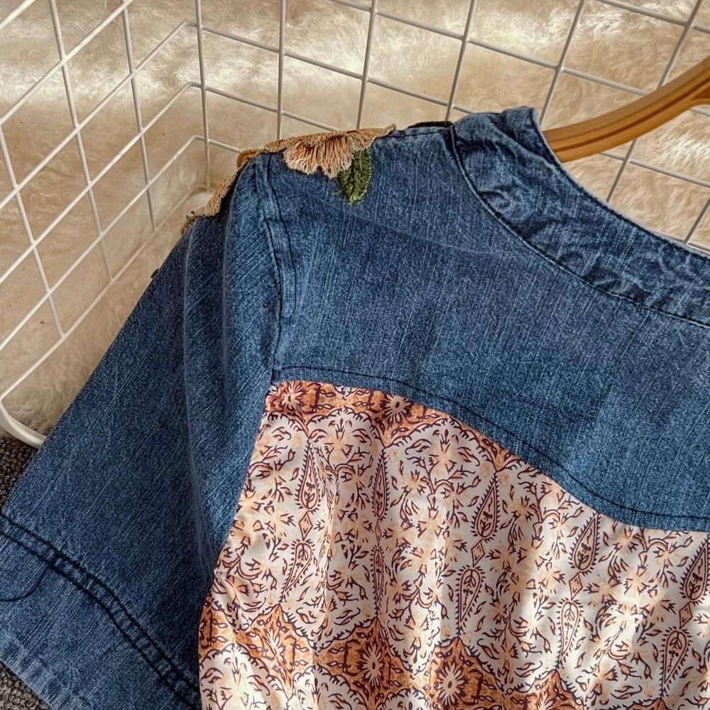 Nya sommarkvinnor tryck V-ringning enkelknäppt kortärmad broderi chiffong lapptäcksarbete mode elegant vardagsklänningar