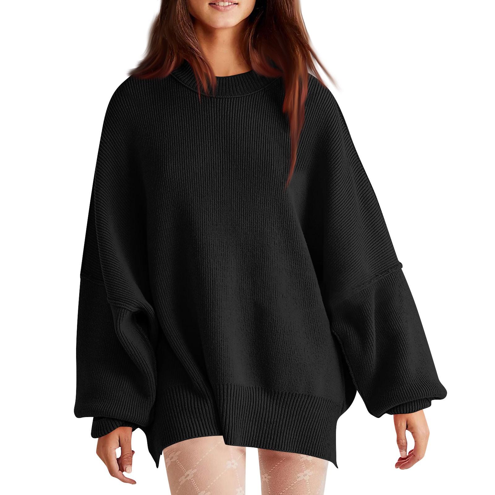 

Женская мода свободный пуловер вязать однотонный свитер с длинными рукавами и круглым вырезом S