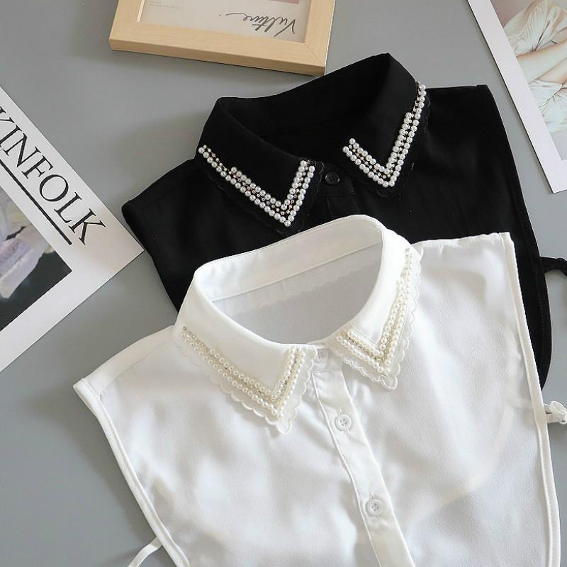 Beaded Fake Collar Shirt Chiffon White Detachable Collar Fake Women Vintage Ladies False Blouse Collar Lapel Half Shirt Neckwear