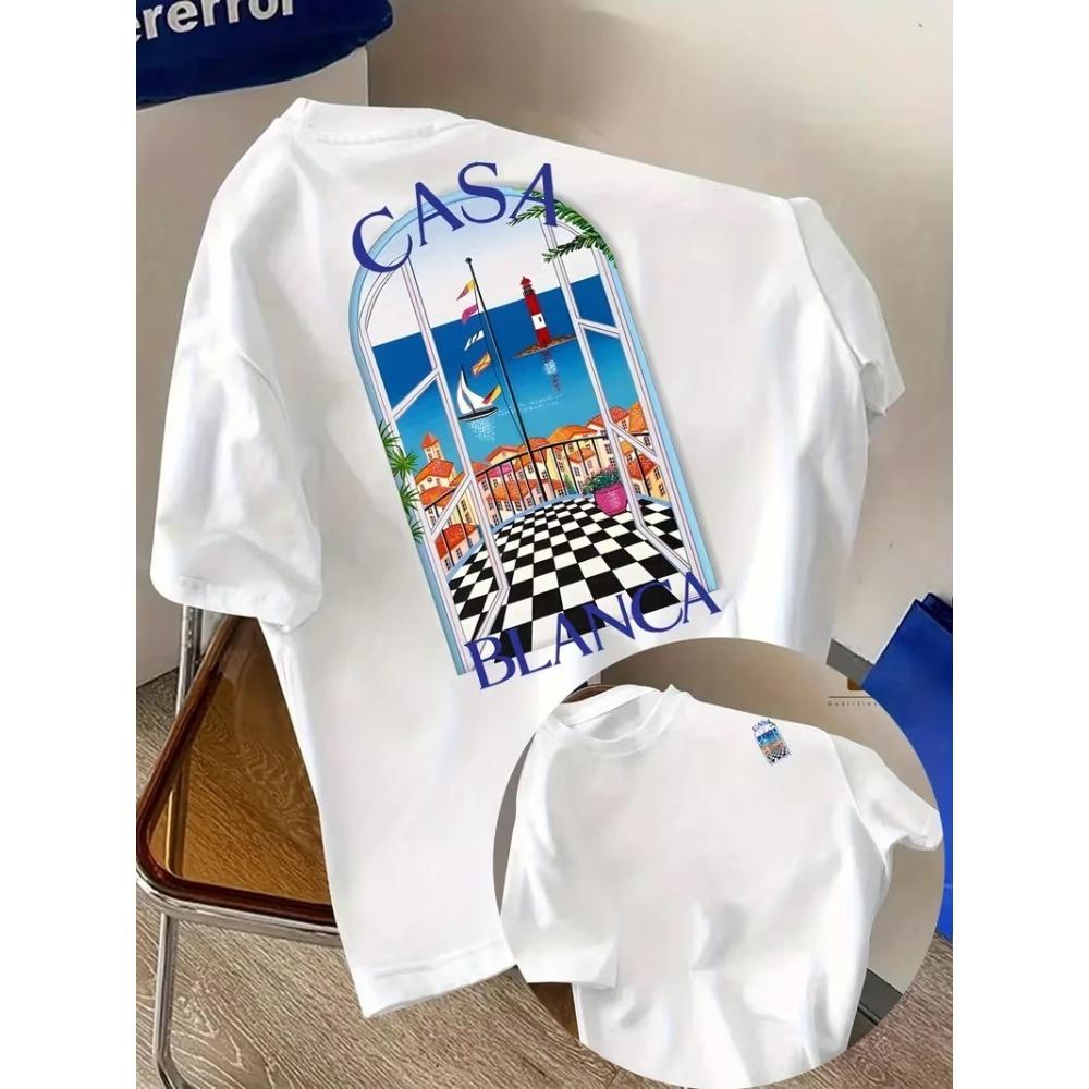 Hot Casablanca Aesthetic Architectural Graphic Print T-Shirt Men Women Cotton O-Neck Short Sleeve Summer Tee Neutral Streetwear Casual Oversized Top