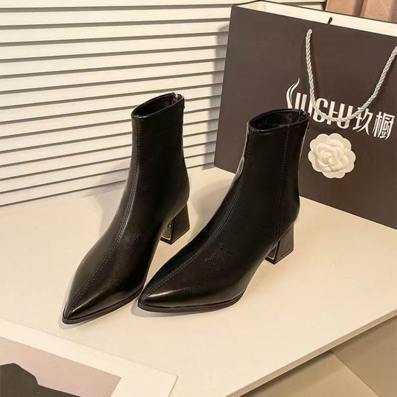 High Heel Boots Thick Heel Pointed Fashion Boots Women's Autumn and Winter New Versatile Women's Boots Rear Zipper Short Boots Women's