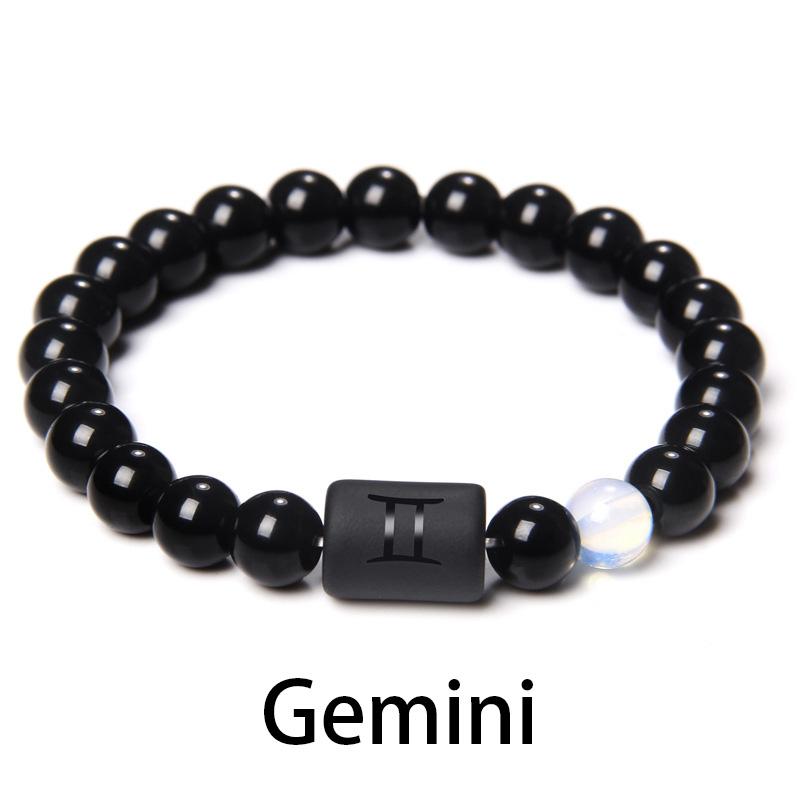 

12 Созвездий Знаки Зодиака Бусины Браслет Для Пар Натуральный Черный Оникс Камень Эластичный Браслет для Женщин Мужчин Подарок На День Рождения