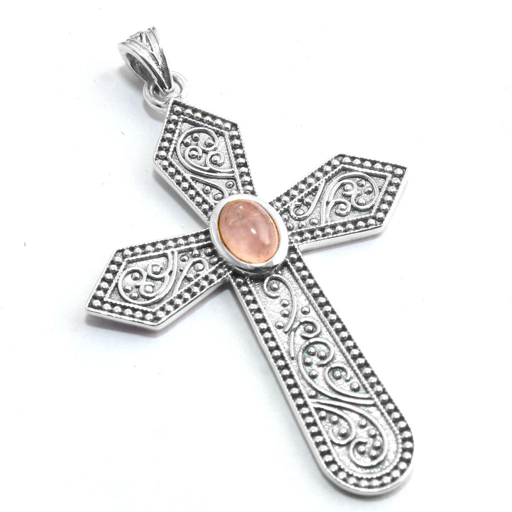 Reiki Pendant, Crystal Healing Pendant, Cross Pendant, Rose Quartz Pendant, 925 Sterling Silver Handmade Jewelry