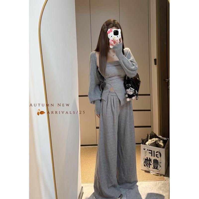 Kumikumi Idle Style Knitting Cardigan Outwear Women's Split Tube Top Vest Autumn Loose Casual Pants Three-Piece Set