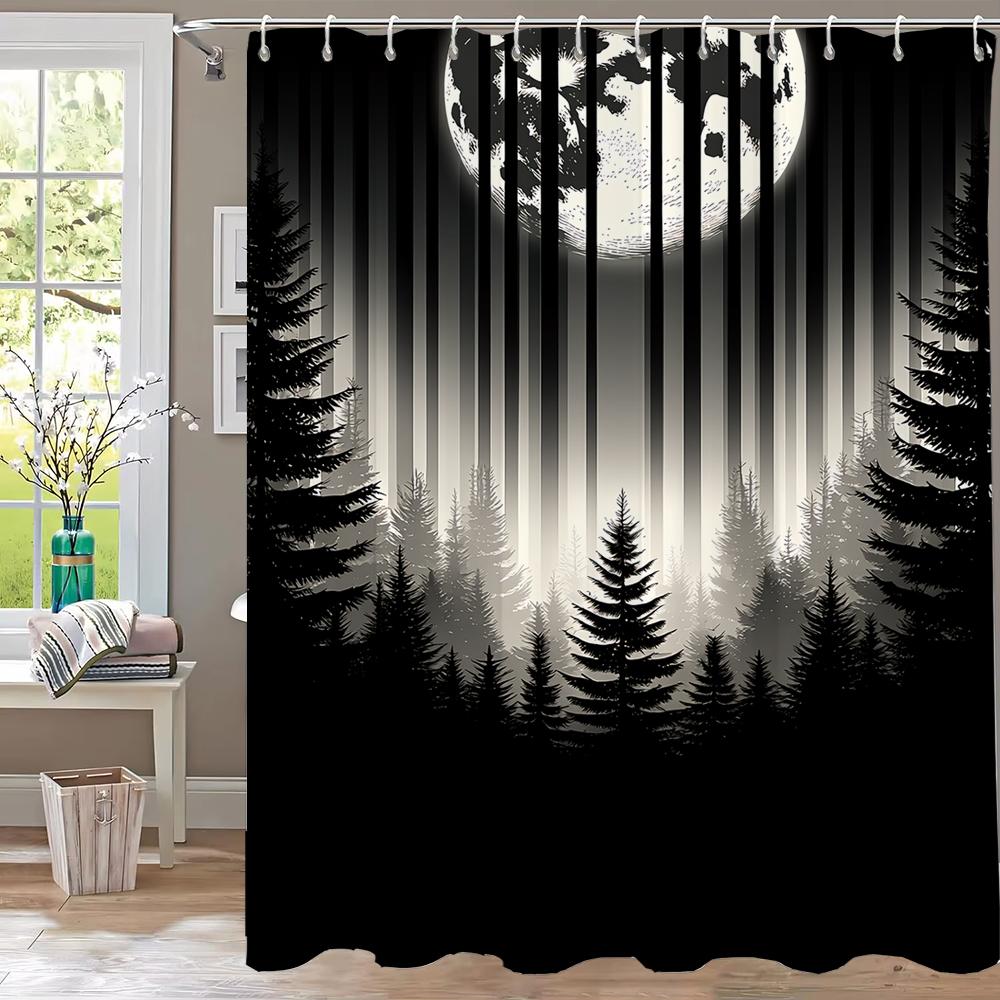 Mysterious Night Misty Forest Shower Curtain, Scenery Bathroom Curtain,Printed Polyester Home Decorative Curtain with Hooks